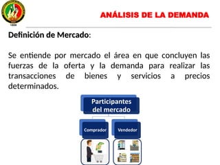 Definición de MercadoDefinición de Mercado:
Se entiende por mercado el área en que concluyen las
fuerzas de la oferta y la demanda para realizar las
transacciones de bienes y servicios a precios
determinados.
ANÁLISIS DE LA DEMANDA
 