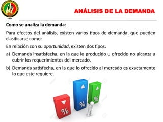 Como se analiza la demandaComo se analiza la demanda:
Para efectos del análisis, existen varios tipos de demanda, que pueden
clasificarse como:
En relación con su oportunidad, existen dos tipos:
a) Demanda insatisfecha, en la que lo producido u ofrecido no alcanza a
cubrir los requerimientos del mercado.
b) Demanda satisfecha, en la que lo ofrecido al mercado es exactamente
lo que este requiere.
ANÁLISIS DE LA DEMANDA
 