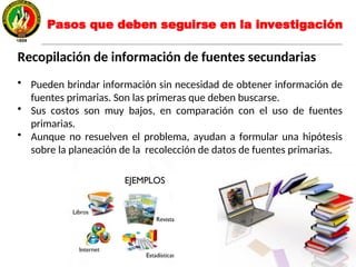 Recopilación de información de fuentes secundarias
• Pueden brindar información sin necesidad de obtener información de
fuentes primarias. Son las primeras que deben buscarse.
• Sus costos son muy bajos, en comparación con el uso de fuentes
primarias.
• Aunque no resuelven el problema, ayudan a formular una hipótesis
sobre la planeación de la recolección de datos de fuentes primarias.
Pasos que deben seguirse en la investigación
 
