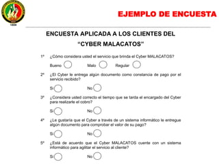 EJEMPLO DE ENCUESTA
ENCUESTA APLICADA A LOS CLIENTES DEL
“CYBER MALACATOS”
1º ¿Cómo considera usted el servicio que brinda el Cyber MALACATOS?
Bueno Malo Regular
2º ¿El Cyber le entrega algún documento como constancia de pago por el
servicio recibido?
Si No
3º ¿Considera usted correcto el tiempo que se tarda el encargado del Cyber
para realizarle el cobro?
Si No
4º ¿Le gustaría que el Cyber a través de un sistema informático le entregue
algún documento para comprobar el valor de su pago?
Si No
5º ¿Está de acuerdo que el Cyber MALACATOS cuente con un sistema
informático para agilitar el servicio al cliente?
Si No
 