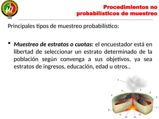 Procedimientos no
probabilísticos de muestreo
Principales tipos de muestreo probabilístico:
 Muestreo de estratos o cuotas: el encuestador está en
libertad de seleccionar un estrato determinado de la
población según convenga a sus objetivos, ya sea
estratos de ingresos, educación, edad u otros..
 