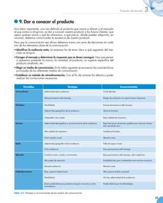 El estudio del mercado   3
   	9. Dar a conocer el producto
Una labor importante, una vez definido el producto que vamos a ofrecer y el mercado
al que vamos a dirigirnos, es dar a conocer nuestro producto a los futuros clientes: que
sepan quiénes somos y qué les ofrecemos, a qué precio, dónde pueden adquirirlo; en
resumen, debemos comunicarles la existencia de nuestro producto.
Para que la comunicación sea eficaz debemos tomar una serie de decisiones en cada
uno de los elementos clave de la comunicación:
•	Identificar la audiencia meta. La empresa ha de tener claro a qué segmento del mer-
  cado se dirigirá.
•	Escoger el mensaje y determinar la respuesta que se desea conseguir. Hay que pensar
  si queremos presentar la marca, la novedad, el producto, un aspecto específico del
  producto ampliado, etc.
•	Elegir un medio de comunicación. En la tabla siguiente se enumeran las características
  principales de los diferentes medios de comunicación.
•	Establecer un método de retroalimentación. Con el fin de conocer los efectos y poder
  realizar las correcciones necesarias.


            Variables                                      Ventajas                                            Inconvenientes
 Correo directo               Selectividad de la audiencia.                                Coste elevado.


                              Alta permanencia del mensaje.                                Riesgo de confusión con spam (correo «basura»).


 Periódicos                   Flexibilidad.                                                Escasa permanencia del mensaje.

                              Selectividad geográfica de la audiencia.                     Alcance limitado.


                              Adaptable a las modas.                                       Baja calidad de impresión.

 Revistas                     Selectividad demográfica y socioeconómica de la audiencia.   Baja frecuencia de emisión (publicación mensual, bimes-
                                                                                           tral, semestral, etc.).

                              Alta calidad de impresión.                                   Audiencia limitada.


                              Gran impulso visual.                                         Elevado coste.

 Radio                        Selectividad geográfica de la audiencia.                     Falta de apoyo visual.

                              Gran audiencia.                                              Poca permanencia del mensaje.

 Televisión                   Combina visión, sonido y movimiento.                         Baja permanencia del mensaje, salvo repetición.

                              Alto poder de atracción.                                     Posibilidad de pasar inadvertido entre muchos anuncios.

                              Elevada audiencia.                                           Elevado coste.

 Publicidad exterior          Bajo coste en ámbito local.                                  Alto coste en ámbito nacional.

                              Flexibilidad.                                                No hay selectividad de la audiencia.


                              Buena publicidad para productos de gran consumo y como       Puede dañarse por la climatología.
                              recordatorio.


Tabla. 3.3. Ventajas e inconvenientes de los medios de comunicación.

                                                                                                                                                     63
 