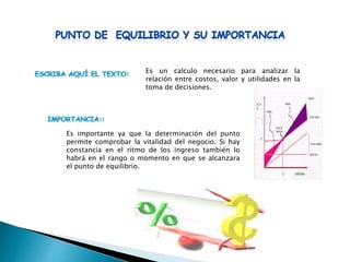 Es un calculo necesario para analizar la
relación entre costos, valor y utilidades en la
toma de decisiones.
Es importante ya que la determinación del punto
permite comprobar la vitalidad del negocio. Si hay
constancia en el ritmo de los ingreso también lo
habrá en el rango o momento en que se alcanzara
el punto de equilibrio.
 