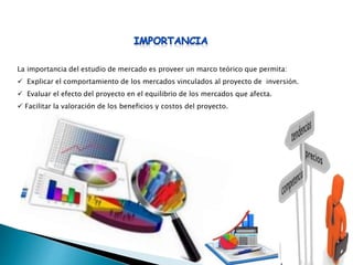 La importancia del estudio de mercado es proveer un marco teórico que permita:
 Explicar el comportamiento de los mercados vinculados al proyecto de inversión.
 Evaluar el efecto del proyecto en el equilibrio de los mercados que afecta.
 Facilitar la valoración de los beneficios y costos del proyecto.
 