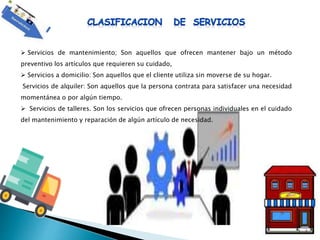  Servicios de mantenimiento; Son aquellos que ofrecen mantener bajo un método
preventivo los artículos que requieren su cuidado,
 Servicios a domicilio: Son aquellos que el cliente utiliza sin moverse de su hogar.
Servicios de alquiler: Son aquellos que la persona contrata para satisfacer una necesidad
momentánea o por algún tiempo.
 Servicios de talleres. Son los servicios que ofrecen personas individuales en el cuidado
del mantenimiento y reparación de algún artículo de necesidad.
 