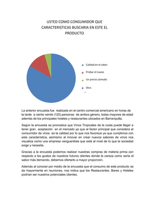 La anterior encuesta fue realizada en el centro comercial americano en horas de
la tarde a ciento veinte (120) personas de ambos género, todas mayores de edad
además de los principales hoteles y restaurantes ubicados en Barranquilla.
Según la encuesta se pronostica que Vinos Tropicales de la costa puede llegar a
tener gran aceptación en el mercado ya que el factor principal que considera el
consumidor de vinos es la calidad por lo que nos favorece ya que cumplimos con
esta característica, asimismo al innovar en crear nuevos sabores de vinos nos
visualiza como una empresa vanguardista que está al nivel de lo que la sociedad
exige y necesita.
Gracias a la encuesta podemos realizar nuestras compras de materia prima con
respecto a los gustos de nuestros futuros clientes donde la cereza como sería el
sabor más demando, debemos ofertarlo a mayor proporción.
Además al conocer por medio de la encuesta que el consumo de este producto se
da mayormente en reuniones, nos indica que los Restaurantes, Bares y Hoteles
podrían ser nuestros potenciales clientes.
Calidad en el sabor__
Probar el nuevo sabor__
Un precio cómodo__
Otro_________________
__
USTED COMO CONSUMIDOR QUE
CARACTERISTICAS BUSCARIA EN ESTE EL
PRODUCTO
Calidad en el sabor
Un precio cómodo
Probar el nuevo
sabor
Otro
 
