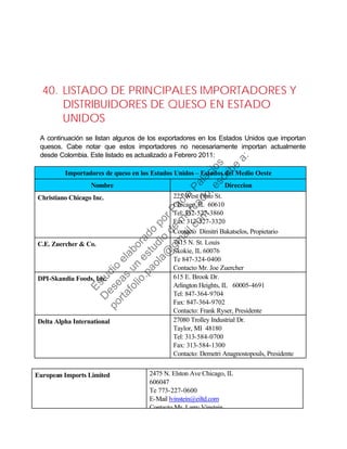 40. LISTADO DE PRINCIPALES IMPORTADORES Y
DISTRIBUIDORES DE QUESO EN ESTADO
UNIDOS
A continuación se listan algunos de los exportadores en los Estados Unidos que importan
quesos. Cabe notar que estos importadores no necesariamente importan actualmente
desde Colombia. Este listado es actualizado a Febrero 2011:
Importadores de queso en los Estados Unidos – Estados del Medio Oeste
Nombre Direccion
Christiano Chicago Inc. 225 West Ohio St.
Chicago, IL 60610
Tel: 312-527-3860
Fax: 312-527-3320
Contacto Dimitri Bakatselos, Propietario
C.E. Zuercher & Co. 7415 N. St. Louis
Skokie, IL 60076
Te 847-324-0400
Contacto Mr. Joe Zuercher
DPI-Skandia Foods, Inc. 615 E. Brook Dr.
Arlington Heights, IL 60005-4691
Tel: 847-364-9704
Fax: 847-364-9702
Contacto: Frank Ryser, Presidente
Delta Alpha International 27080 Trolley Industrial Dr.
Taylor, MI 48180
Tel: 313-584-0700
Fax: 313-584-1300
Contacto: Demetri Anagnostopouls, Presidente
European Imports Limited 2475 N. Elston Ave Chicago, IL
606047
Te 773-227-0600
E-Mail lvinstein@eiltd.com
Contacto Mr Larry Vinstein
Estudio
elaborado
porPaola
Palacios
D
eseas
un
estudio
de
m
ercado,escribe
a:
portafolio.paola@
gm
ail.com
 