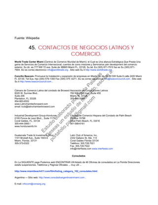 Fuente: Wikipedia
45. CONTACTOS DE NEGOCIOS LATINOS Y
COMERCIO:
World Trade Center Miami (Centros de Comercio Mundial de Miami); el Cual es Una alianza Estratégica Que Presta Una
gama de Servicios de Comercio Internacional, cuentos de como misiones y Seminarios párr development del comercio
exterior. Su dir. es 777 NW 72 ave. Suite de 3BB65 Miami FL. 33126. Su tel. Es (305) 871-7910 fax es Su (305) 871-
7904. SU es correo electrónico info@worldtrade.org . Sitio web Su it http://www.worldtrade.org .
Concilio Beacom- Promueve la Instalación y expansión de empresas en Miami. Su dir. Es 80 SW Suite 8 calle 2400 Miami
Fl. 33130. Tel Sus. hijo (305) 579-1300 Fax (305) 375 -0271. SU es correo electrónico info@beaconcouncil.com . Sitio web
Su it http://www.beaconcouncil.com .
Cámara de Comercio Latina del condado de Broward
8320 W. Sunrise Blvd..
Suite 206
Plantation, FL 33326
954-983-6552
www.Latinchamberbroward.com
email: lccb@latinchamberbroward.com
Asociación de Constructores Latinos
782 NW 42nd Ave., Suite 450
Miami, FL 33126
305-446-5989
Industrial Development Group-Honduras
2100 Ponce de Leon Blvd.., Suite 1175
Coral Gables, FL. 33134
305-444-3060 /
www.hondurasinfo.hn
Cámara de Comercio Hispana del Condado de Palm Beach
PO Box 15788
West Palm Beach, FL 33416
561-588-6161
Guatemala Trade & Investment Office
1101 Brickell Ave., Suite 1003-S
Miami, Florida. 33131
305-373-0322
Latin Club of America, Inc.
2332 Galiano St, Ste. 113
Coral Gables Florida 33134
Teléfono: 305.728.7021
Fax: 305.728.7022
info@interfiesta.com www.interfiesta.com
Consulados
En La SIGUIENTE page Podemos web ENCONTRAR UN listado de 46 Oficinas de consulados en La Florida Direcciones
estafa suspensiones, Teléfonos y Páginas Oficiales ... muy util ...
http://www.miamibeach411.com/film/listing_category_102_consulates.html
Argentina --- Sitio web: http://www.consuladoargentinoenmiami.com ,
E-mail: infocom@consarg.org
Estudio
elaborado
porPaola
Palacios
D
eseas
un
estudio
de
m
ercado,escribe
a:
portafolio.paola@
gm
ail.com
 