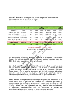 confiable de materia prima para las nuevas empresas interesadas en
desarrollar un plan de negocios en el país.
Acopio Formal de Leche - 2008
Fuente: FEDEGAN – Oficina de Planeación
En la actualidad la industria acopia el 46.6% de la producción total de leche
fresca. De este porcentaje, sólo 5 empresas lácteas procesan más del
55% de la leche que ingresa al canal industrial.
La actual capacidad instalada de la industria nacional se encuentra cerca
de sus niveles máximos de utilización, por lo cual se estima que solo
podrían aumentar sus volúmenes de compra y procesamiento de leche
fresca en un 10%. Lo anterior demuestra que en este mercado aún existe
espacio para la inversión de nuevas empresas procesadoras y/o con
interés en la transformación y comercialización de productos lácteos.
Existe además el compromiso del Estado por asegurar que la totalidad de la
leche fresca que se produce en Colombia sea acopiada, procesada y
comercializada por industrias formalmente constituidas (Decreto 616 de
2006 y Decreto 3411 de septiembre de 2008), a través de la expansión de
la capacidad transformadora del país mediante la puesta en
funcionamiento de nuevas plantas de procesamiento de leche.
Litros/Año Litros/Día Empresas % Part
% Part.
Acumulad a
Volúmen % Part
% Part.
Acumulada
1-180.000 1-500 390 52,8% 100% 22.098.243 0,8% 100%
181.001-1.800.000 501-5.000 230 31,1% 47,2% 144.969.849 5,0% 99,2%
1.800.001-9.000.000 5.001-25.000 77 10,4% 16,1% 303.857.241 10,5% 94,2%
9.000.001-18.000.000 25.001-50.000 18 2,4% 5,7% 215.109.956 7,5% 83,7%
18.000.001-36.000.000 50.001-100.000 13 1,8% 3,2% 330.342.515 11,5% 76,2%
Más 36.000.000 Más 100.000 11 1,5% 1,5% 1.866.709.449 64,7% 64,7%
Total 739 100% 2.883.087.253 100%
Estudio
elaborado
porPaola
Palacios
D
eseas
un
estudio
de
m
ercado,escribe
a:
portafolio.paola@
gm
ail.com
 