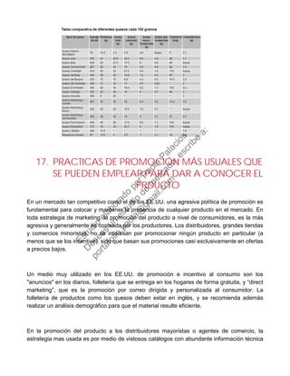 17. PRACTICAS DE PROMOCIÓN MÁS USUALES QUE
SE PUEDEN EMPLEAR PARA DAR A CONOCER EL
PRDUCTO
En un mercado tan competitivo como el de los EE.UU. una agresiva política de promoción es
fundamental para colocar y mantener la presencia de cualquier producto en el mercado. En
toda estrategia de marketing, la promoción del producto a nivel de consumidores, es la más
agresiva y generalmente es costeada por los productores. Los distribuidores, grandes tiendas
y comercios minoristas, no se interesan por promocionar ningún producto en particular (a
menos que se los incentive), sino que basan sus promociones casi exclusivamente en ofertas
a precios bajos.
Un medio muy utilizado en los EE.UU. de promoción e incentivo al consumo son los
"anuncios" en los diarios, folletería que se entrega en los hogares de forma gratuita, y “direct
marketing”, que es la promoción por correo dirigida y personalizada al consumidor. La
folletería de productos como los quesos deben estar en inglés, y se recomienda además
realizar un análisis demográfico para que el material resulte eficiente.
En la promoción del producto a los distribuidores mayoristas o agentes de comercio, la
estrategia mas usada es por medio de vistosos catálogos con abundante información técnica
Estudio
elaborado
porPaola
Palacios
D
eseas
un
estudio
de
m
ercado,escribe
a:
portafolio.paola@
gm
ail.com
 