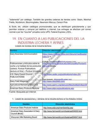 "solamente" por catálogo. También las grandes cadenas de tiendas como: Sears, Marshal
Fields, Nordstrom, Bloomingdales, Newmann Marcus, Carson Pirie
& Scott, etc. utilizan catálogos promocionales, que se distribuyen gratuitamente y que
permiten ordenar y comprar por teléfono o internet. Las entregas se efectúan por correo
normal o por los "courrier" privados como UPS, Federal Express y DHL .
19. EN CUANTO A LAS PUBLICACIONES DEL LA
INDUSTRIA LECHERA Y AFINES
Listado de revistas de la industria lechera
Nombre Direccion electronica
Dairy Business Communication https://www.multiagmedia.com/Secure/mwdbsubs/i
ndex.ht m
E-Mail: webmastr@dairybusiness com
Publicaciones y Artículos sobre la
Leche y la Calidad de los productos
Lácteos. Purdue Publications
(lectura on line) – Purdue University
http://www.ansc.purdue.edu/dairy/quality/Purdue%
20Publi cations
U.S. Dairy Export Council –
PUBLICATIONS
http://www.usdec.org/publications/index.cfm
Dan Ingram, dingram@usdec.org,
Dairy Field Magazine http://www.dairyfield.com/
Agricultural Marketing Resource
Center
http://www.agmrc.org/dairy/profiles/bottledmilkprofil
e pdfAmerican Dairy Products Institute http://www.adpi.org/publications.asp
Fuente: Búsqueda por Internet
1. Listado de asociaciones y cámaras de la industria lechera en los Estados Unidos
Nombre Dirección electrónica
American Dairy Products Institute http://www.adpi.org/membership.asp
American Dairy Association & Dairy
Council (Illinois)
http://www.farmworld.com/trade/aa004835.html
Wisconsin Milk Marketing Board http://www.farmworld.com/trade/aa004847.html
Estudio
elaborado
porPaola
Palacios
D
eseas
un
estudio
de
m
ercado,escribe
a:
portafolio.paola@
gm
ail.com
 
