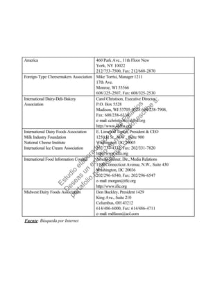 America 460 Park Ave., 11th Floor New
York, NY 10022
212/753-7500, Fax: 212/688-2870
Foreign-Type Cheesemakers Association Mike Torrisi, Manager 1211
17th Ave.
Monroe, WI 53566
608/325-2507, Fax: 608/325-2530
International Dairy-Deli-Bakery
Association
Carol Christison, Executive Director
P.O. Box 5528
Madison, WI 53705-0528 608/238-7908,
Fax: 608/238-6330
e-mail: cchristison@iddba.org
http://www.iddba.org
International Dairy Foods Association
Milk Industry Foundation
National Cheese Institute
International Ice Cream Association
E. Linwood Tipton, President & CEO
1250 H St., N.W., Suite 900
Washington, DC 20005
202/737-4332, Fax: 202/331-7820
http://www.idfa.org
International Food Information Council Amelia Steiner, Dir., Media Relations
1100 Connecticut Avenue, N.W., Suite 430
Washington, DC 20036
202/296-6540, Fax: 202/296-6547
e-mail: morgan@ific.org
http://www.ific.org
Midwest Dairy Foods Association Don Buckley, President 1429
King Ave., Suite 210
Columbus, OH 43212
614/486-6000, Fax: 614/486-4711
e-mail: mdfassn@aol.com
Fuente: Búsqueda por Internet
Estudio
elaborado
porPaola
Palacios
D
eseas
un
estudio
de
m
ercado,escribe
a:
portafolio.paola@
gm
ail.com
 