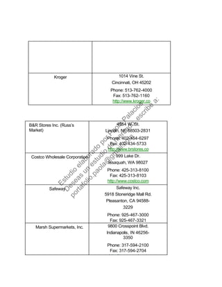 Kroger 1014 Vine St.
Cincinnati, OH 45202
Phone: 513-762-4000
Fax: 513-762-1160
http://www.kroger.co
B&R Stores Inc. (Russ’s
Market)
4554 W. St.
Lincoln, NE 68503-2831
Phone: 402-464-6297
Fax: 402-434-5733
http://www.brstores.co
Costco Wholesale Corporation 999 Lake Dr.
Issaquah, WA 98027
Phone: 425-313-8100
Fax: 425-313-8103
http://www.costco.com
Safeway Safeway Inc.
5918 Stoneridge Mall Rd.
Pleasanton, CA 94588-
3229
Phone: 925-467-3000
Fax: 925-467-3321
Marsh Supermarkets, Inc. 9800 Crosspoint Blvd.
Indianapolis, IN 46256-
3350
Phone: 317-594-2100
Fax: 317-594-2704
htt // h t
Estudio
elaborado
porPaola
Palacios
D
eseas
un
estudio
de
m
ercado,escribe
a:
portafolio.paola@
gm
ail.com
 