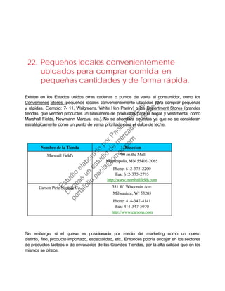 22. Pequeños locales convenientemente
ubicados para comprar comida en
pequeñas cantidades y de forma rápida.
Existen en los Estados unidos otras cadenas o puntos de venta al consumidor, como los
Convenience Stores (pequeños locales convenientemente ubicados para comprar pequeñas
y rápidas. Ejemplo: 7- 11, Walgreens, White Hen Pantry) o los Department Stores (grandes
tiendas, que venden productos un sinnúmero de productos para el hogar y vestimenta, como
Marshall Fields, Newmann Marcus, etc.). No se ahondara en estas ya que no se consideran
estratégicamente como un punto de venta prioritario para el dulce de leche.
Nombre de la Tienda Direccion
Marshall Field's 700 on the Mall
Minneapolis, MN 55402-2065
Phone: 612-375-2200
Fax: 612-375-2795
http://www.marshallfields.com
Carson Pirie Scott & Co. 331 W. Wisconsin Ave.
Milwaukee, WI 53203
Phone: 414-347-4141
Fax: 414-347-5070
http://www.carsons.com
Sin embargo, si el queso es posicionado por medio del marketing como un queso
distinto, fino, producto importado, especialidad, etc.. Entonces podría encajar en los sectores
de productos lácteos o de envasados de las Grandes Tiendas, por la alta calidad que en los
mismos se ofrece.
Estudio
elaborado
porPaola
Palacios
D
eseas
un
estudio
de
m
ercado,escribe
a:
portafolio.paola@
gm
ail.com
 