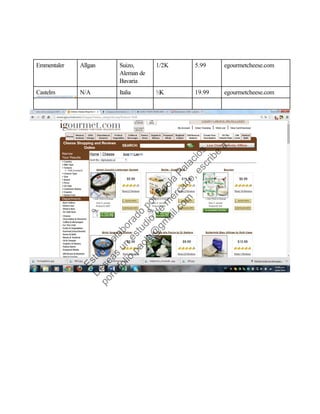 Emmentaler Allgan Suizo,
Aleman de
Bavaria
1/2K 5.99 egourmetcheese.com
Castelm N/A Italia ½K 19.99 egourmetcheese.com
Estudio
elaborado
porPaola
Palacios
D
eseas
un
estudio
de
m
ercado,escribe
a:
portafolio.paola@
gm
ail.com
 
