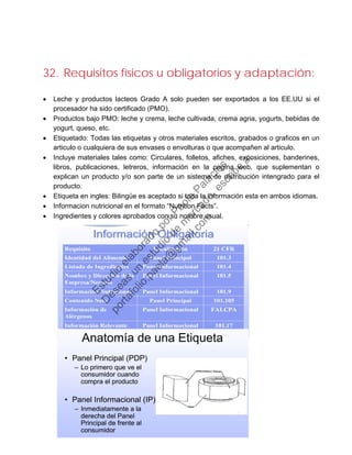 32. Requisitos físicos u obligatorios y adaptación:
• Leche y productos lacteos Grado A solo pueden ser exportados a los EE.UU si el
procesador ha sido certificado (PMO).
• Productos bajo PMO: leche y crema, leche cultivada, crema agria, yogurts, bebidas de
yogurt, queso, etc.
• Etiquetado: Todas las etiquetas y otros materiales escritos, grabados o graficos en un
articulo o cualquiera de sus envases o envolturas o que acompañen al articulo.
• Incluye materiales tales como: Circulares, folletos, afiches, exposiciones, banderines,
libros, publicaciones, letreros, información en la pagina web, que suplementan o
explican un producto y/o son parte de un sistema de distribución intengrado para el
producto.
• Etiqueta en ingles: Bilingüe es aceptado si toda la información esta en ambos idiomas.
• Informacion nutricional en el formato “Nutrition Facts”.
• Ingredientes y colores aprobados con su nombre usual.
Estudio
elaborado
porPaola
Palacios
D
eseas
un
estudio
de
m
ercado,escribe
a:
portafolio.paola@
gm
ail.com
 