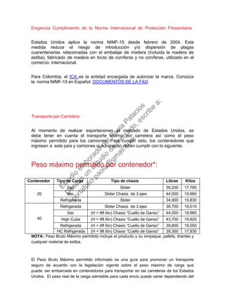 Exigencia Cumplimiento de la Norma Internacional de Protección Fitosanitaria
Estados Unidos aplica la norma NIMF-15 desde febrero de 2004. Esta
medida reduce el riesgo de introducción y/o dispersión de plagas
cuarentenarias relacionadas con el embalaje de madera (incluida la madera de
estiba), fabricado de madera en bruto de coníferas y no coníferas, utilizado en el
comercio internacional.
Para Colombia, el ICA es la entidad encargada de autorizar la marca. Conozca
la norma NIMF-15 en Español: DOCUMENTOS DE LA FAO
Transporte por Carretera:
Al momento de realizar exportaciones al mercado de Estados Unidos, se
debe tener en cuenta el transporte interno por carretera así como el peso
máximo permitido para los camiones. Para cumplir esto, los contenedores que
ingresan a este país y camiones que transitan deben cumplir con lo siguiente:
Peso máximo permitido por contenedor*:
Contenedor Tipo de Carga Tipo de chasis Libras Kilos
20
Sec Slider
Ch i
39,200 17,780
Sec Slider Chasis de 3 ejes 44,000 19,960
Refrigerada Slider
C
34,900 15,830
40
Refrigerada Slider Chasis de 3 ejes 39,700 18,010
Sec (H = 8ft 6in) Chasis “Cuello de Ganso” 44,000 19,960
High Cube (H = 9ft 6in) Chasis “Cuello de Ganso” 43,700 19,820
Refrigerada (H = 8ft 6in) Chasis “Cuello de Ganso” 39,800 18,050
HC Refrigerada (H = 9ft 6in) Chasis “Cuello de Ganso” 39,300 17,830
NOTA: Peso Bruto Máximo permitido incluye el producto y su empaque, pallets, tirantes y
cualquier material de estiba.
El Peso Bruto Máximo permitido informado es una guía para promover un transporte
seguro de acuerdo con la legislación vigente sobre el peso máximo de carga que
puede ser embarcada en contenedores para transportar en las carreteras de los Estados
Unidos. El peso real de la carga admisible para cada envío puede variar dependiendo del
Estudio
elaborado
porPaola
Palacios
D
eseas
un
estudio
de
m
ercado,escribe
a:
portafolio.paola@
gm
ail.com
 