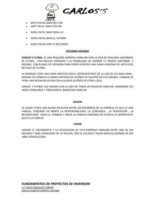 · XHFTI-FM 89.5MHZ 89.5 FM 
· XHPT-FM 91.3MHZ EXA FM 
· XHPG-FM 92.1MHZ NOVA 92 
· XHPG-FM 94.3MHZ EL PATRÓN 
· XHSIC-FM 96.1FM TU RECUERDO 
ENTORNO INTERNO 
CARLOS´S FUTBOL ES UNA PEQUEÑA EMPRESA FAMILIAR CON LA IDEA DE REALIZAR UNIFORMES 
DE FUTBOL , CON MUCHA VARIEDAD Y LA POSIBILIDAD DE DISEÑAR TU PROPIO UNIFORME Y 
ADEMAS CON PLANES DE EXPASION PARA PODER OFRECER UNA GRAN VARIEDAD DE ARTICULOS 
NO SOLO DE FUTBOL. 
LA EMPRESA TIENE UNA GRAN AMISTAD CON EL REPRESENTANTE DE LA LIGA DE 30 CABALLEROS , 
ADEMAS DE CONOCER A GRAN CANTIDAD DE DUEÑOS DE EQUIPOS DE ESTA MISMA. TAMBIEN SE 
TIENE UNA BUENA RELACION CON ALGUNOS DUEÑOS DE OTRAS LIGAS. 
CARLOS ´S FUTBOL FUE CREADA CON LA IDEA DE TENER UN NEGOCIO FAMILIAR, AGRANDAR LOS 
LAZOS FAMILIARES Y PROCURAR EL BIENESTAR FAMILIAR 
MISION 
ES LOGRA TENER UNA BUENA RELACION ENTRE LOS MIEMBROS DE LA EMPRESA YA QUE ES UNA 
FAMILIA, TENIENDO EN MENTE LA RESPONSABILIDAD, LA CONFIANZA , LA DEDICACION , LA 
RECIPROCIDAD HACIA EL TRABAJO Y HACIA LA FAMILIA.TENIENDO EN CUENTA LO IMPORTANTE 
QUE ES LA FAMILIA. 
VISION 
LOGRAR EL CRECIMIENTO Y LA COLOCACION DE ESTA EMPRESA FAMILIAR ENTRE UNA DE LAS 
MEJORES Y MAS CONOCIDAD DE LA REGION, POR SU CALIDAD Y BUEN SERVICIO.ADEMAS DE SER 
100% VERACRUZANA. 
FUNDAMENTOS DE PROYECTOS DE INVERSION 
C.P. ROCIO ENRIQUEZ CORONA 
CARLOS ALBERTO SERAPIO LAGUNES 
 