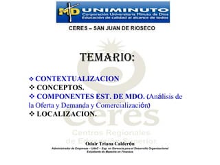 TEMARIO:
 CONTEXTUALIZACION
 CONCEPTOS.
 COMPONENTES EST. DE MDO. (Análisis de
la Oferta y Demanda y Comercialización)
 LOCALIZACION.


                             Odair Triana Calderón
     Administrador de Empresas – UdeC – Esp. en Gerencia para el Desarrollo Organizacional
                             Estudiante de Maestría en Finanzas
 