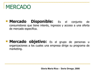 MERCADO Mercado Disponible:   Es el conjunto de consumidores que tiene interés, ingresos y acceso a una oferta de mercado especifica. Mercado objetivo:  Es el grupo de personas u organizaciones a los cuales una empresa dirige su programa de marketing.  Gloria María Rico -  Doris Orrego, 2008 
