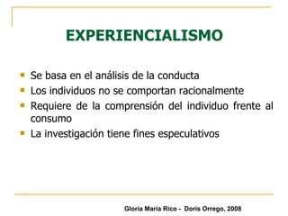 EXPERIENCIALISMO Se basa en el análisis de la conducta Los individuos no se comportan racionalmente Requiere de la comprensión del individuo frente al consumo La investigación tiene fines especulativos Gloria María Rico -  Doris Orrego, 2008 