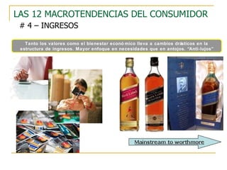 LAS 12 MACROTENDENCIAS DEL CONSUMIDOR  # 4 – INGRESOS Tanto los valores como el bienestar económico lleva a cambios drásticos en la estructura de ingresos. Mayor enfoque en necesidades que en antojos. “Anti-lujos” 