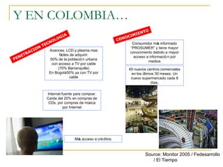 Y EN COLOMBIA… Source: Monitor 2005 / Fedesarrollo / El Tiempo 40 nuevos centros comerciales en los últimos 30 meses. Un nuevo supermercado cada 8 días. Más acceso a créditos Avances: LCD y plasma mas fáciles de adquirir. 50% de la población urbana con acceso a TV por cable (70% Barranquilla) En Bogotá 50% ya con TV por cable Internet fuente para comprar. Caída del 20% en compras de CDs, por compras de música por Internet Consumidor más informado “PROSUMER” y tiene mayor conocimiento debido a mayor acceso a información por medios PENETRACION TECNOLOGIA CONOCIMIENTO 