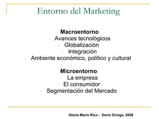 Entorno del Marketing  Macroentorno Avances tecnológicos Globalización  Integración Ambiente económico, político y cultural  Microentorno   La empresa El consumidor  Segmentación del Mercado  Gloria María Rico -  Doris Orrego, 2008 