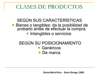CLASES DE PRODUCTOS  SEGÚN SUS CARACTERÍSTICAS  Bienes o tangibles: da la posibilidad de probarlo antes de efectuar la compra. Intangibles o servicios  SEGÚN SU POSICIONAMIENTO Genéricos  De marca  Gloria María Rico -  Doris Orrego, 2008 