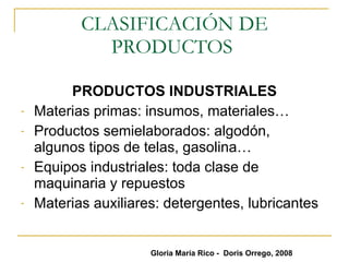 CLASIFICACIÓN DE PRODUCTOS  PRODUCTOS INDUSTRIALES Materias primas: insumos, materiales… Productos semielaborados: algodón,  algunos tipos de telas, gasolina… Equipos industriales: toda clase de maquinaria y repuestos Materias auxiliares: detergentes, lubricantes  Gloria María Rico -  Doris Orrego, 2008 