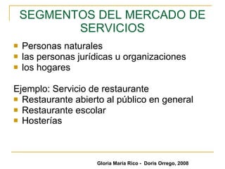 SEGMENTOS DEL MERCADO DE SERVICIOS Personas naturales  las personas jurídicas u organizaciones  los hogares  Ejemplo: Servicio de restaurante Restaurante abierto al público en general Restaurante escolar  Hosterías   Gloria María Rico -  Doris Orrego, 2008 