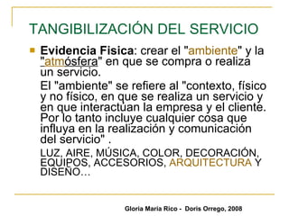 TANGIBILIZACIÓN DEL SERVICIO   Evidencia Fisica : crear el " ambiente " y la  " atm ósfera " en que se compra o realiza un servicio. El "ambiente" se refiere al "contexto, físico y no físico, en que se realiza un servicio y en que interactúan la empresa y el cliente. Por lo tanto incluye cualquier cosa que influya en la realización y comunicación del servicio" . LUZ, AIRE, MÚSICA, COLOR, DECORACIÓN, EQUIPOS, ACCESORIOS,  ARQUITECTURA  Y DISEÑO… Gloria María Rico -  Doris Orrego, 2008 