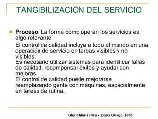 TANGIBILIZACIÓN DEL SERVICIO Proceso : La forma como operan los servicios es algo relevante  El control de calidad incluye a todo el mundo en una operación de servicio en tareas visibles y no visibles. Es necesario utilizar sistemas para identificar fallas de calidad, recompensar éxitos y ayudar con mejoras. El control de calidad puede mejorarse reemplazando gente con máquinas, especialmente en tareas de rutina. Gloria María Rico -  Doris Orrego, 2008 