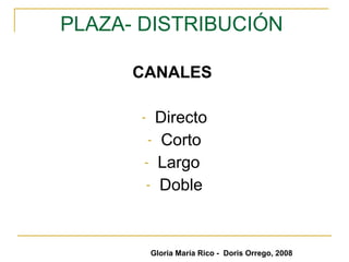 PLAZA- DISTRIBUCIÓN  CANALES   Directo Corto Largo  Doble Gloria María Rico -  Doris Orrego, 2008 