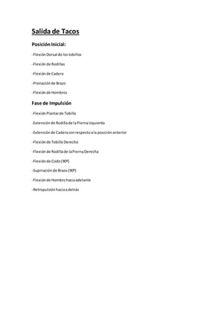 Salida de Tacos 
Posición Inicial: 
-Flexión Dorsal de los tobillos 
-Flexión de Rodillas 
-Flexión de Cadera 
-Pronación de Brazo 
-Flexión de Hombros 
Fase de Impulsión 
-Flexión Plantar de Tobillo 
-Extensión de Rodilla de la Pierna Izquierda 
-Extensión de Cadera con respecto a la posición anterior 
-Flexión de Tobillo Derecho 
-Flexión de Rodilla de la Pierna Derecha 
-Flexión de Codo (90º) 
-Supinación de Brazo (90º) 
-Flexión de Hombro hacia adelante 
-Retropulsión hacia a detrás 
 