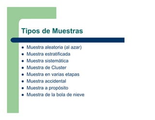 Tipos de Muestras

 Muestra aleatoria (al azar)
 Muestra estratificada
 Muestra sistemática
 Muestra de Cluster
 Muestra en varias etapas
 Muestra accidental
 Muestra a propósito
 Muestra de la bola de nieve
 