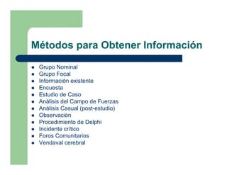 Métodos para Obtener Información
 Grupo Nominal
 Grupo Focal
 Información existente
 Encuesta
 Estudio de Caso
 Análisis del Campo de Fuerzas
 Análisis Casual (post-estudio)
 Observación
 Procedimiento de Delphi
 Incidente crítico
 Foros Comunitarios
 Vendaval cerebral
 
