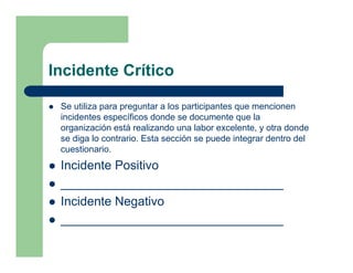 Incidente Crítico

 Se utiliza para preguntar a los participantes que mencionen
 incidentes específicos donde se documente que la
 organización está realizando una labor excelente, y otra donde
 se diga lo contrario. Esta sección se puede integrar dentro del
 cuestionario.
 Incidente Positivo
 ________________________________
 Incidente Negativo
 ________________________________
 