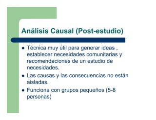 Análisis Causal (Post-estudio)

 Técnica muy útil para generar ideas ,
 establecer necesidades comunitarias y
 recomendaciones de un estudio de
 necesidades.
 Las causas y las consecuencias no están
 aisladas.
 Funciona con grupos pequeños (5-8
 personas)
 