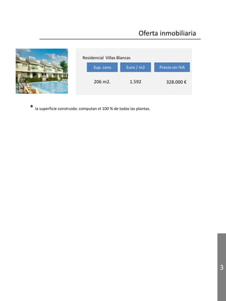 3
Oferta inmobiliaria
Residencial Villas Blancas
Sup. cons Euro / m2 Precio sin IVA
206 m2. 1.592 328.000 €
* la superfici...