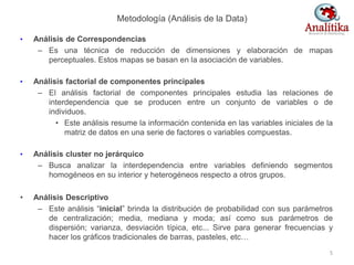 Metodología (Análisis de la Data)
• Análisis de Correspondencias
– Es una técnica de reducción de dimensiones y elaboración de mapas
perceptuales. Estos mapas se basan en la asociación de variables.
• Análisis factorial de componentes principales
– El análisis factorial de componentes principales estudia las relaciones de
interdependencia que se producen entre un conjunto de variables o de
individuos.
• Este análisis resume la información contenida en las variables iniciales de la
matriz de datos en una serie de factores o variables compuestas.
• Análisis cluster no jerárquico
– Busca analizar la interdependencia entre variables definiendo segmentos
homogéneos en su interior y heterogéneos respecto a otros grupos.
• Análisis Descriptivo
– Este análisis “inicial” brinda la distribución de probabilidad con sus parámetros
de centralización; media, mediana y moda; así como sus parámetros de
dispersión; varianza, desviación típica, etc... Sirve para generar frecuencias y
hacer los gráficos tradicionales de barras, pasteles, etc…
5
 