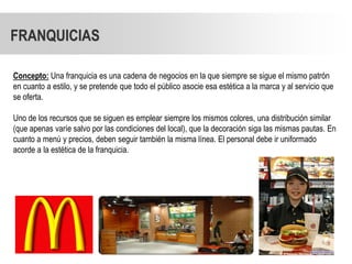 FRANQUICIAS

Concepto: Una franquicia es una cadena de negocios en la que siempre se sigue el mismo patrón
en cuanto a estilo, y se pretende que todo el público asocie esa estética a la marca y al servicio que
se oferta.

Uno de los recursos que se siguen es emplear siempre los mismos colores, una distribución similar
(que apenas varíe salvo por las condiciones del local), que la decoración siga las mismas pautas. En
cuanto a menú y precios, deben seguir también la misma línea. El personal debe ir uniformado
acorde a la estética de la franquicia.
 