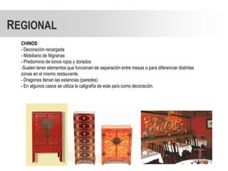 REGIONAL
  CHINOS:
  - Decoración recargada
  - Mobiliario de filigranas
  - Predominio de tonos rojos y dorados
  -Suelen tener elementos que funcionan de separación entre mesas o para diferenciar distintas
  zonas en el mismo restaurante.
  - Dragones llenan las estancias (paredes)
  - En algunos casos se utiliza la caligrafía de este país como decoración.
 