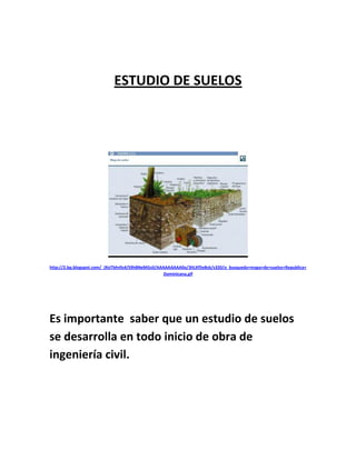 ESTUDIO DE SUELOS




http://2.bp.blogspot.com/_JXsiTbhr0s4/S9h8NeMGslI/AAAAAAAAA0o/3ItLKf5eBsk/s320/o_busqueda+mapa+de+suelos+Republica+
                                                     Dominicana.gif




Es importante saber que un estudio de suelos
se desarrolla en todo inicio de obra de
ingeniería civil.
 
