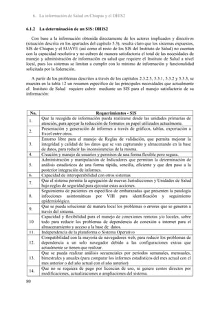 6. La información de Salud en Chiapas y el DHIS2

6.1.2 La determinación de un SIS: DHIS2

    Con base a la información obtenida directamente de los actores implicados y directivos
(situación descrita en los apartados del capítulo 5.3), resulta claro que los sistemas expuestos,
SIS de Chiapas y el SUAVE (así como el resto de los SIS del Instituto de Salud) no cuentan
con la capacidad resolutiva y no cubren de manera satisfactoria el total de las necesidades de
manejo y administración de información en salud que requiere el Instituto de Salud a nivel
local, pues los sistemas se limitan a cumplir con lo mínimo de información y funcionalidad
solicitada por la federación.

   A partir de los problemas descritos a través de los capítulos 2.3.2.5, 5.3.1, 5.3.2 y 5.3.3, se
muestra en la tabla 12 un resumen específico de las principales necesidades que actualmente
el Instituto de Salud requiere cubrir mediante un SIS para el manejo satisfactorio de su
información:



  No.                                     Requerimientos - SIS
          Que la recogida de información pueda realizarse desde las unidades primarias de
 1.
          atención, para apoyar la reducción de formatos en papel utilizados actualmente.
          Presentación y generación de informes a través de gráficos, tablas, exportación a
 2.
          Excel entre otros.
          Entorno libre para el manejo de Reglas de validación, que permita mejorar la
 3.       integridad y calidad de los datos que se van capturando y almacenando en la base
          de datos, para reducir las inconsistencias de la misma.
 4.       Creación y manejo de usuarios y permisos de una forma flexible pero segura.
          Administración y manipulación de Indicadores que permitan la determinación de
 5.       análisis estadísticos de una forma rápida, sencilla, eficiente y que den paso a la
          posterior integración de informes.
 6.       Capacidad de interoperabilidad con otros sistemas
          Que el sistema permita la agregación de nuevas Jurisdicciones y Unidades de Salud
 7.
          bajo reglas de seguridad para ejecutar estas acciones.
          Seguimiento de pacientes en específico de embarazadas que presenten la patología
 8.       infecciones asintomáticas por VIH para identificación y seguimiento
          epidemiológico.
          Que se pueda solucionar de manera local los problemas o errores que se generen a
 9.
          través del sistema.
          Capacidad y flexibilidad para el manejo de conexiones remotas y/o locales, sobre
 10       todo para reducir los problemas de dependencia de conexión a internet para el
          almacenamiento y acceso a la base de datos.
 11.      Independencia de la plataforma o Sistema Operativo
          Compatibilidad con la mayoría de navegadores web, para reducir los problemas de
 12.      dependencia a un solo navegador debido a las configuraciones extras que
          actualmente se tienen que realizar.
          Que se pueda realizar análisis secuenciales por periodos semanales, mensuales,
 13.      bimestrales y anuales (para comparar los informes estadísticos del mes actual con el
          mes anterior o del año actual con el año anterior)
          Que no se requiera de pago por licencias de uso, ni genere costos directos por
 14.
          modificaciones, actualizaciones o ampliaciones del sistema.
80
 