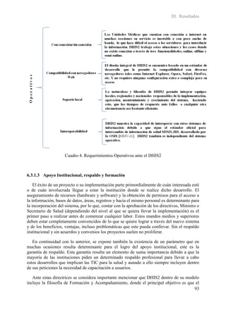 III. Resultados




                     Cuadro 4. Requerimientos Operativos ante el DHIS2



6.3.1.3 Apoyo Institucional, respaldo y formación

    El éxito de un proyecto o su implementación parte primordialmente de cuán interesada esté
o de cuán involucrada llegue a estar la institución donde se realice dicho desarrollo. El
aseguramiento de recursos (hardware y software) y la obtención de permisos para el acceso a
la información, bases de datos, áreas, registros y hacia el mismo personal es determinante para
la incorporación del sistema, por lo que, contar con la aprobación de los directivos, Ministro o
Secretario de Salud (dependiendo del nivel al que se quiera llevar la implementación) es el
primer paso a realizar antes de comenzar cualquier labor. Estos mandos medios y superiores
deben estar completamente convencidos de lo que se quiere lograr a través del nuevo sistema
y de los beneficios, ventajas, incluso problemáticas que este pueda conllevar. Sin el respaldo
institucional y sin acuerdos y convenios los proyectos suelen no proliferar.

   En continuidad con lo anterior, se expone también la existencia de un parámetro que en
muchas ocasiones resulta determinante para el logro del apoyo institucional, este es la
garantía de respaldo. Esta garantía resulta un elemento de suma importancia debido a que la
mayoría de las instituciones piden un determinado respaldo profesional para llevar a cabo
estos desarrollos que implican las TIC para la salud y aunado a ello siempre incluyen dentro
de sus peticiones la necesidad de capacitación a usuarios.

   Ante estas directrices se considera importante mencionar que DHIS2 dentro de su modelo
incluye la filosofía de Formación y Acompañamiento, donde el principal objetivo es que el
                                                                                       93
 