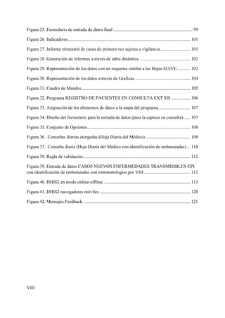 Figura 25. Formulario de entrada de datos final ...................................................................... 99

Figura 26. Indicadores ............................................................................................................ 101

Figura 27. Informe trimestral de casos de primera vez sujetos a vigilancia .......................... 101

Figura 28. Generación de informes a través de tabla dinámica. ............................................ 102

Figura 29. Representación de los datos con un esquema similar a las Hojas SUIVE ............ 102

Figura 30. Representación de los datos a través de Graficas. ................................................ 104

Figura 31. Cuadro de Mandos ................................................................................................ 105

Figura 32. Programa REGISTRO DE PACIENTES EN CONSULTA EXT SIS ................. 106

Figura 33. Asignación de los elementos de datos a la etapa del programa. ........................... 107

Figura 34. Diseño del formulario para la entrada de datos (para la captura en consulta) ...... 107

Figura 35. Conjunto de Opciones ........................................................................................... 108

Figura 36 . Consultas diarias otorgadas (Hoja Diaria del Médico) ........................................ 108

Figura 37. Consulta diaria (Hoja Diaria del Médico con identificación de embarazadas) ... 110

Figura 38. Regla de validación ............................................................................................... 111

Figura 39. Entrada de datos CASOS NUEVOS ENFERMEDADES TRANSMISIBLES-EPI
con identificación de embarazadas con sintomatologías por VIH ......................................... 111

Figura 40. DHIS2 en modo online-offline. ............................................................................ 113

Figura 41. DHIS2 navegadores móviles ................................................................................ 120

Figura 42. Mensajes Feedback. .............................................................................................. 121




VIII
 