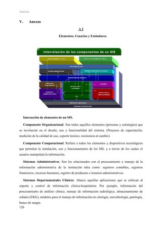 Anexos


V.       Anexos
                                              A1

                              Elementos, Usuarios y Estándares.




     Interacción de elementos de un SIS.

     Componente Organizacional: Son todos aquellos elementos (personas y estrategias) que
se involucran en el diseño, uso y funcionalidad del sistema. (Procesos de capacitación,
medición de la calidad de uso, soporte técnico, resistencia al cambio).

     Componente Computacional: Refiere a todos los elementos y dispositivos tecnológicos
que permiten la instalación, uso y funcionamiento de los SIS, y a través de los cuales el
usuario manipulará la información.

     Sistemas Administrativos: Son los relacionados con el procesamiento y manejo de la
información administrativa de la institución tales como: registros contables, registros
financieros, recursos humanos, registro de productos e insumos administrativos.

     Sistemas Departamentales Clínicos: Abarca aquellas aplicaciones que se enfocan al
soporte y control de información clínica-hospitalaria. Por ejemplo, información del
procesamiento de análisis clínico, manejo de información radiológica, almacenamiento de
señales (EKG), módulos para el manejo de información en citología, microbiología, patología,
banco de sangre.
126
 