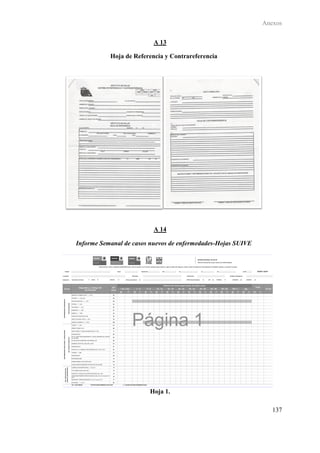Anexos

                          A 13

           Hoja de Referencia y Contrareferencia




                          A 14

Informe Semanal de casos nuevos de enfermedades-Hojas SUIVE




                        Hoja 1.

                                                                 137
 
