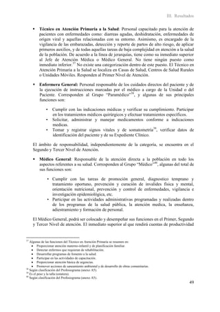 III. Resultados

        Técnico en Atención Primaria a la Salud: Personal capacitado para la atención de
         pacientes con enfermedades como: diarreas agudas, deshidratación, enfermedades de
         origen viral y aquellas relacionadas con su entorno. Asimismo, es encargado de la
         vigilancia de las embarazadas, detección y reporte de partos de alto riesgo, de aplicar
         primeros auxilios, y de todas aquellas tareas de baja complejidad en atención a la salud
         de la población. De acuerdo a la línea de jerarquías, tiene como su inmediato superior
         al Jefe de Atención Médica o Médico General. No tiene ningún puesto como
         inmediato inferior.37 No existe una categorización dentro de este puesto. El Técnico en
         Atención Primaria a la Salud se localiza en Casas de Salud, Centros de Salud Rurales
         o Unidades Móviles. Responden al Primer Nivel de Atención.

      Enfermera General: Personal responsable de los cuidados directos del paciente y de
       la ejecución de instrucciones marcadas por el médico a cargo de la Unidad o del
       Paciente. Corresponden al Grupo “Paramédico”38, y algunas de sus principales
       funciones son:

              •   Cumplir con las indicaciones médicas y verificar su cumplimiento. Participar
                  en los tratamientos médicos quirúrgicos y efectuar tratamientos específicos.
              •   Solicitar, administrar y manejar medicamentos conforme a indicaciones
                  medicas.
              •   Tomar y registrar signos vitales y de somatometría39, verificar datos de
                  identificación del paciente y de su Expediente Clínico.

     El ámbito de responsabilidad, independientemente de la categoría, se encuentra en el
     Segundo y Tercer Nivel de Atención.

      Médico General: Responsable de la atención directa a la población en todo los
       aspectos referentes a su salud. Corresponden al Grupo “Médico”40, algunas del total de
       sus funciones son:

              • Cumplir con las tareas de promoción general, diagnostico temprano y
                tratamiento oportuno, prevención y curación de invalides física y mental,
                orientación nutricional, prevención y control de enfermedades, vigilancia e
                investigación epidemiológica, etc.
              • Participar en las actividades administrativas programadas y realizadas dentro
                de los programas de la salud pública, la atención medica, la enseñanza,
                adiestramiento y formación de personal.

     El Médico General, podrá ser colocado y desempeñar sus funciones en el Primer, Segundo
     y Tercer Nivel de atención. El inmediato superior al que rendirá cuentas de productividad


37
   Algunas de las funciones del Técnico en Atención Primaria se resumen en:
     Proporcionar atención materno-infantil y de planificación familiar.
     Detectar enfermos que requieran de rehabilitación.
     Desarrollar programas de fomento a la salud.
     Participar en las actividades de capacitación.
     Proporcionar atención básica de urgencias.
     Promover acciones de saneamiento ambiental y de desarrollo de obras comunitarias.
38
   Según clasificación del Profesiograma (anexo A5).
39
   Es el peso y la talla (estatura).
40
   Según clasificación del Profesiograma (anexo A5).
                                                                                                      49
 